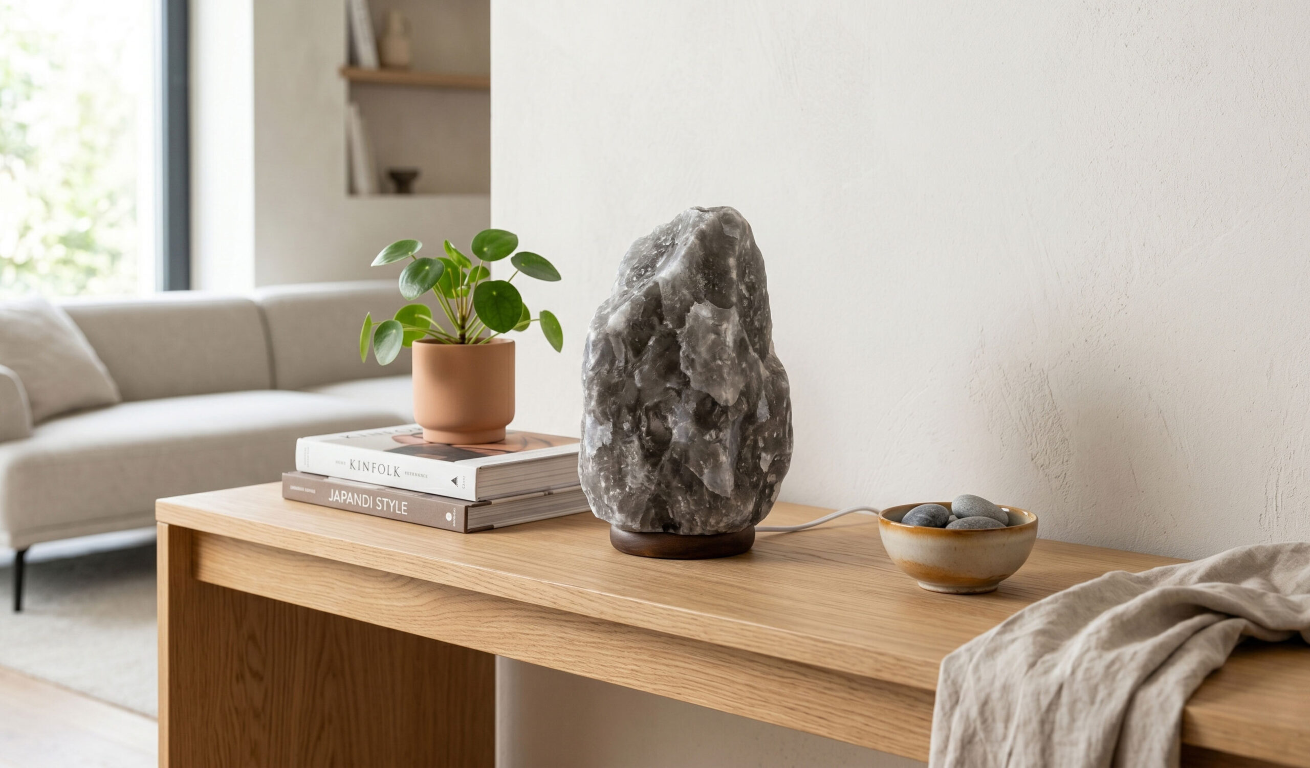 Lampa solna himalajska 5-7 kg na stoliku nocnym w pokoju hotelowym — nastrojowe oświetlenie